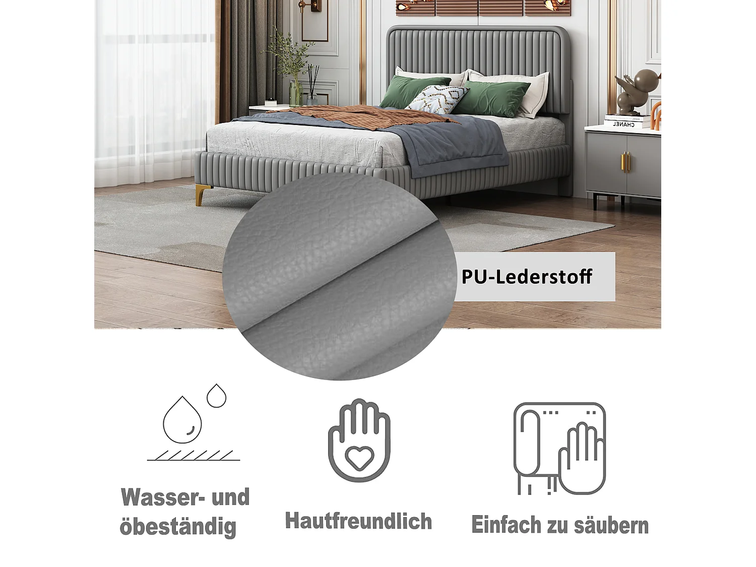 Polsterbett mit verstellbarem Kopfteil – 140 x 200 cm – Kunstleder – Metallbeine – Grau