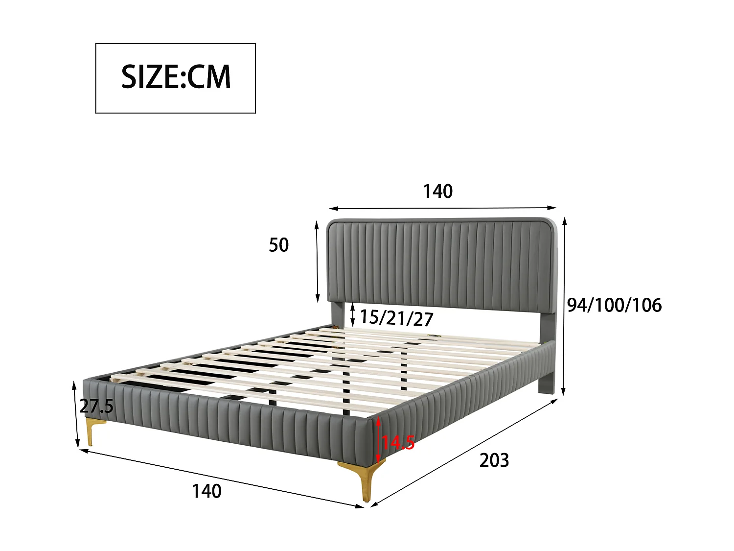 Polsterbett mit verstellbarem Kopfteil – 140 x 200 cm – Kunstleder – Metallbeine – Grau