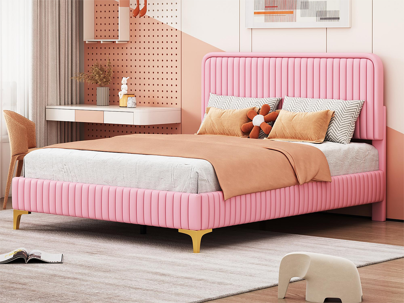 Facile montaggio, letto imbottito 90 x 200 cm, velluto con rete a doghe e testiera, per adulti e ragazzi, supporto doghe in legno, testiera regolabile in altezza (rosa
