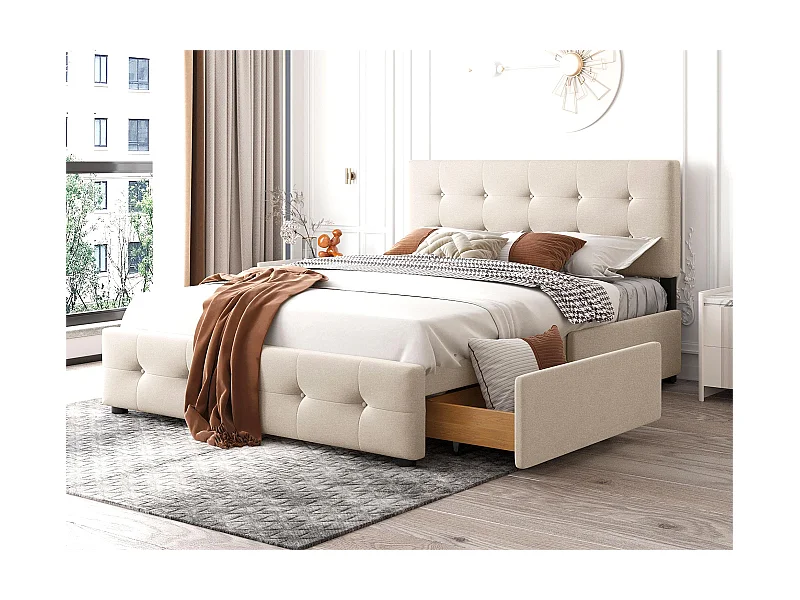 Lit avec tête de lit réglable et 4 tiroirs rangement - 140 x 200 cm - tissu en velours - sommier à lattes - beige