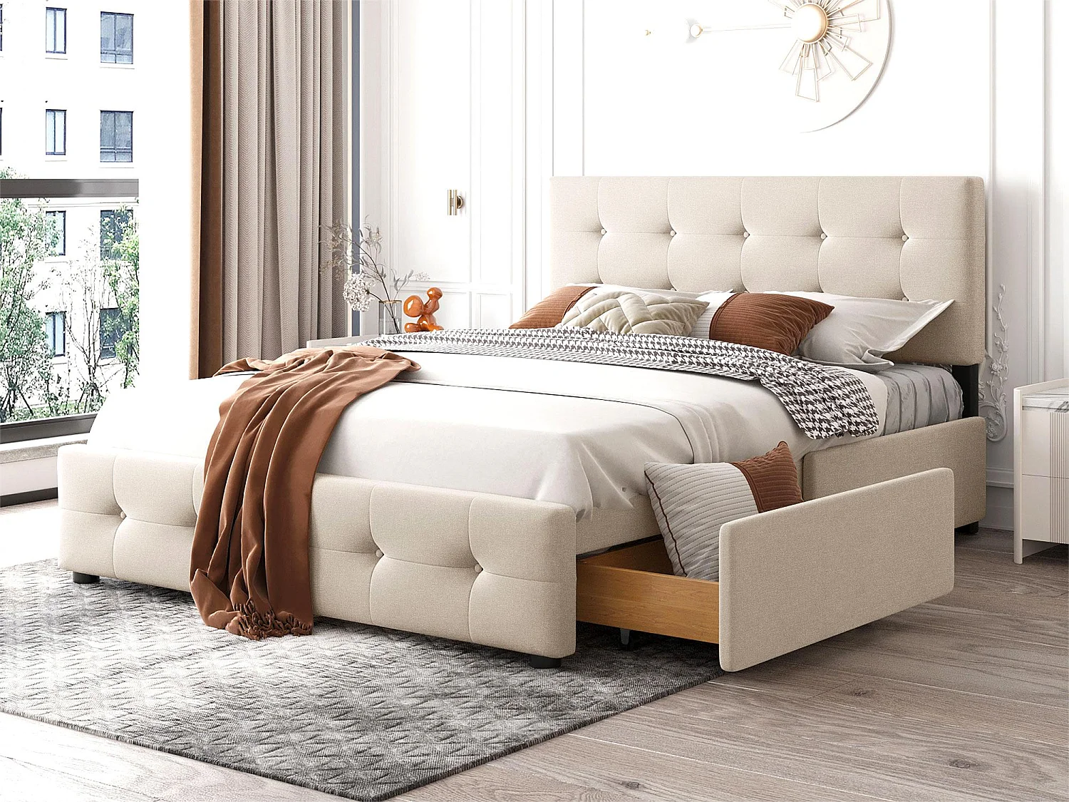 Cama con cabecera ajustable y 4 cajones - 140 x 200 cm - tela de terciopelo - somier - beige