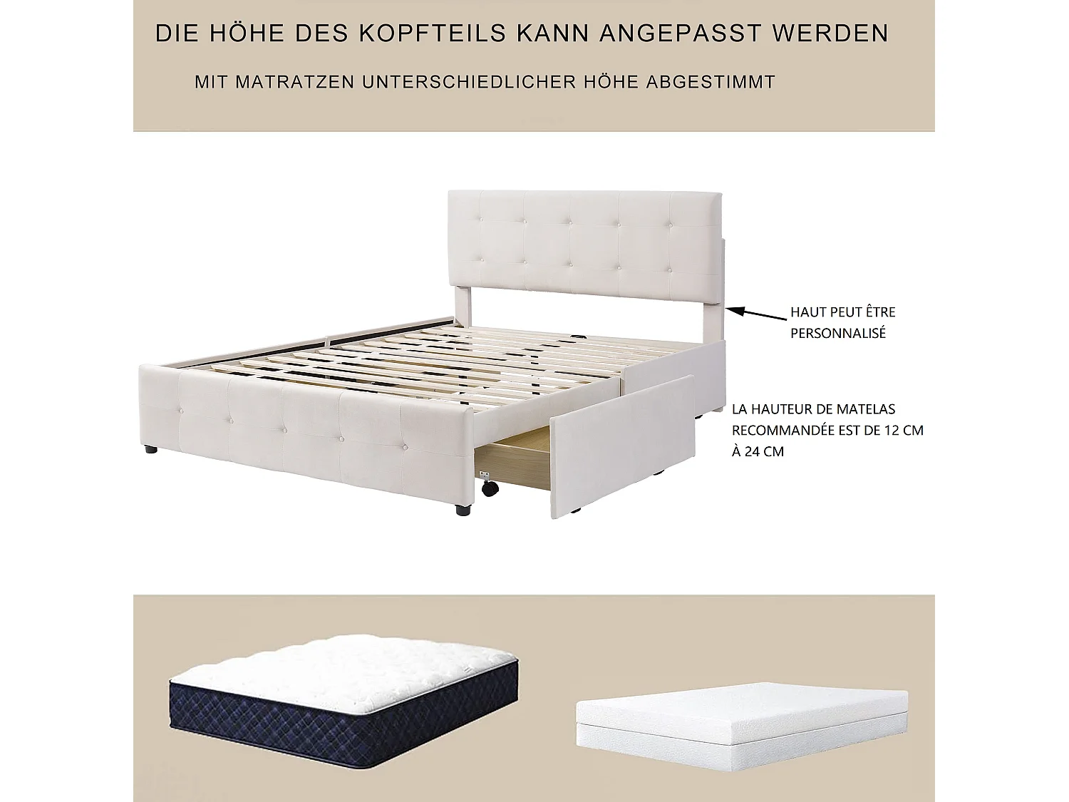 Cama con cabecera ajustable y 4 cajones - 140 x 200 cm - tela de terciopelo - somier - beige