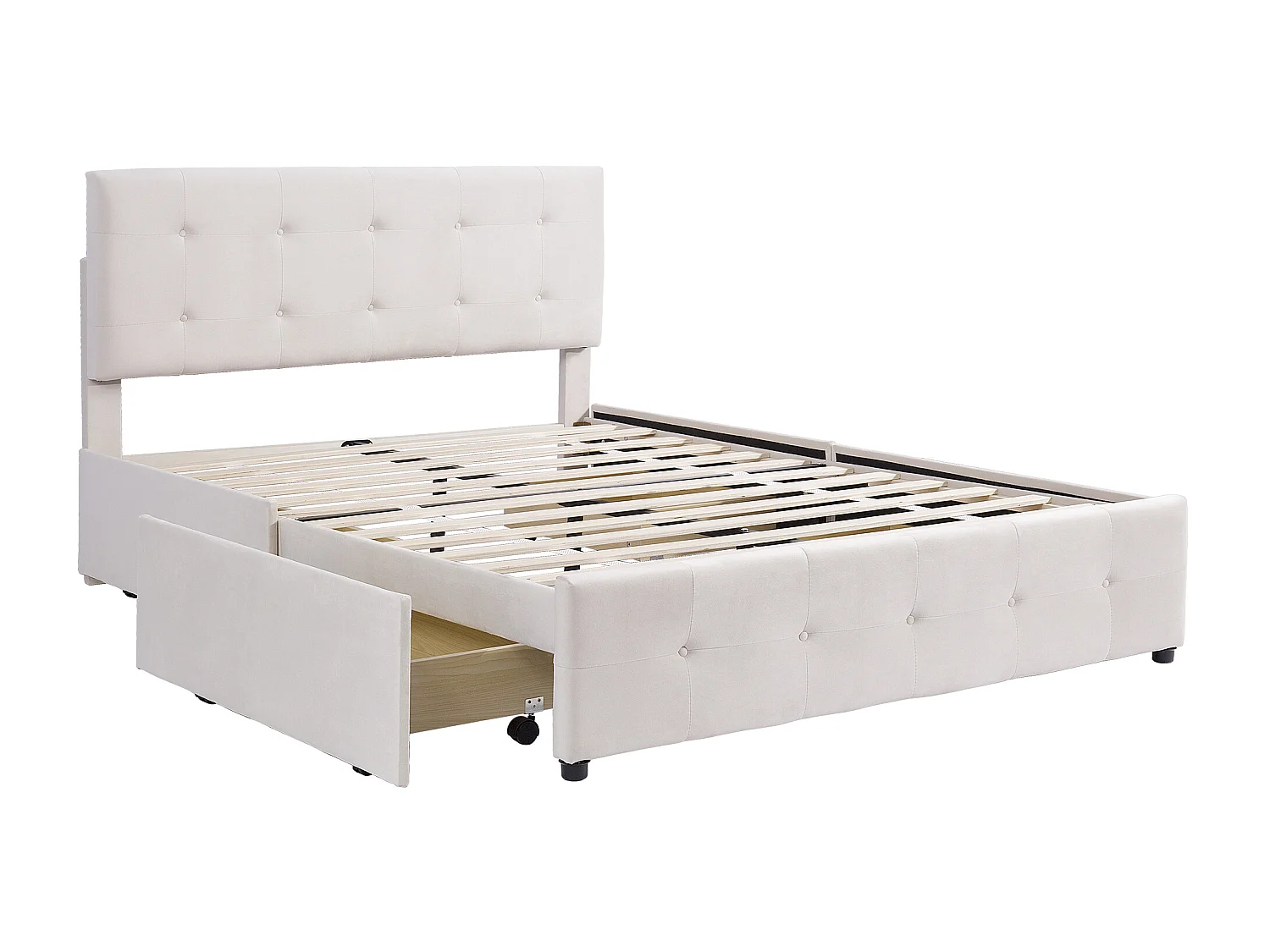 Cama con cabecera ajustable y 4 cajones - 140 x 200 cm - tela de terciopelo - somier - beige