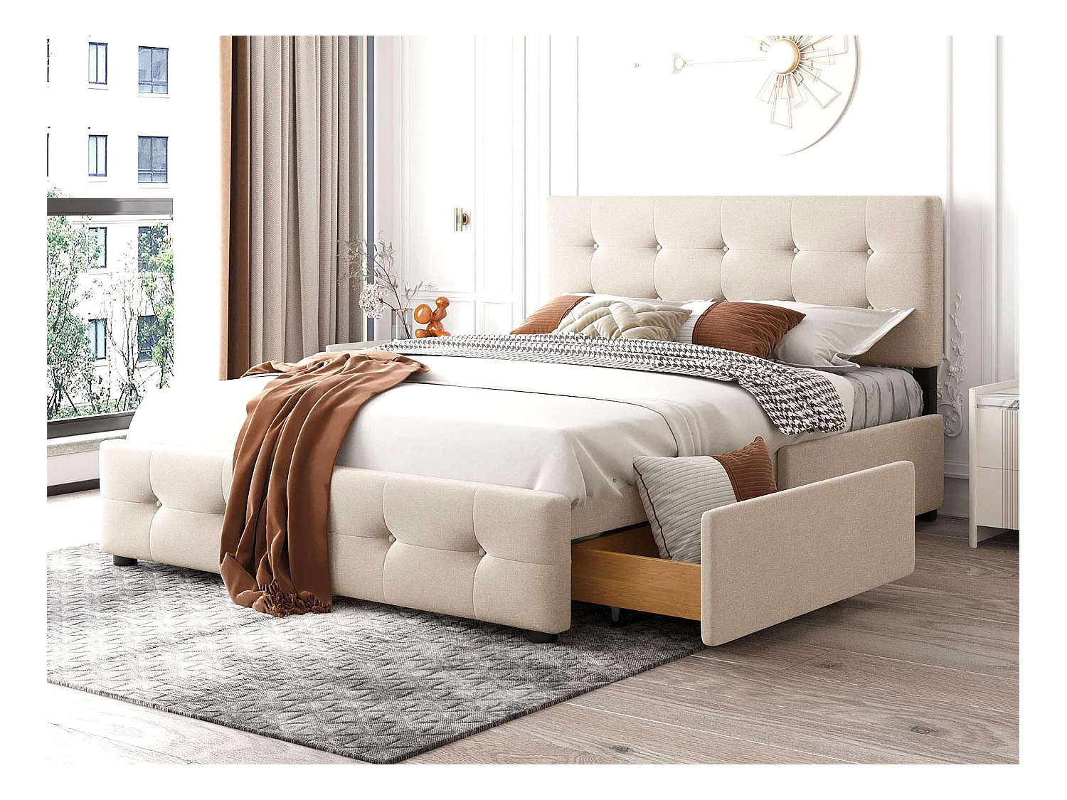 Lit avec tête de lit réglable et 4 tiroirs rangement - 140 x 200 cm - tissu en velours - sommier à lattes - beige