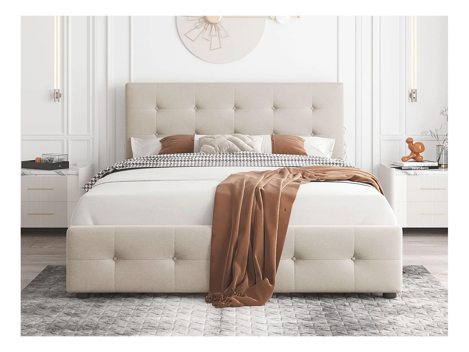 Lit avec tête de lit réglable et 4 tiroirs rangement - 140 x 200 cm - tissu en velours - sommier à lattes - beige