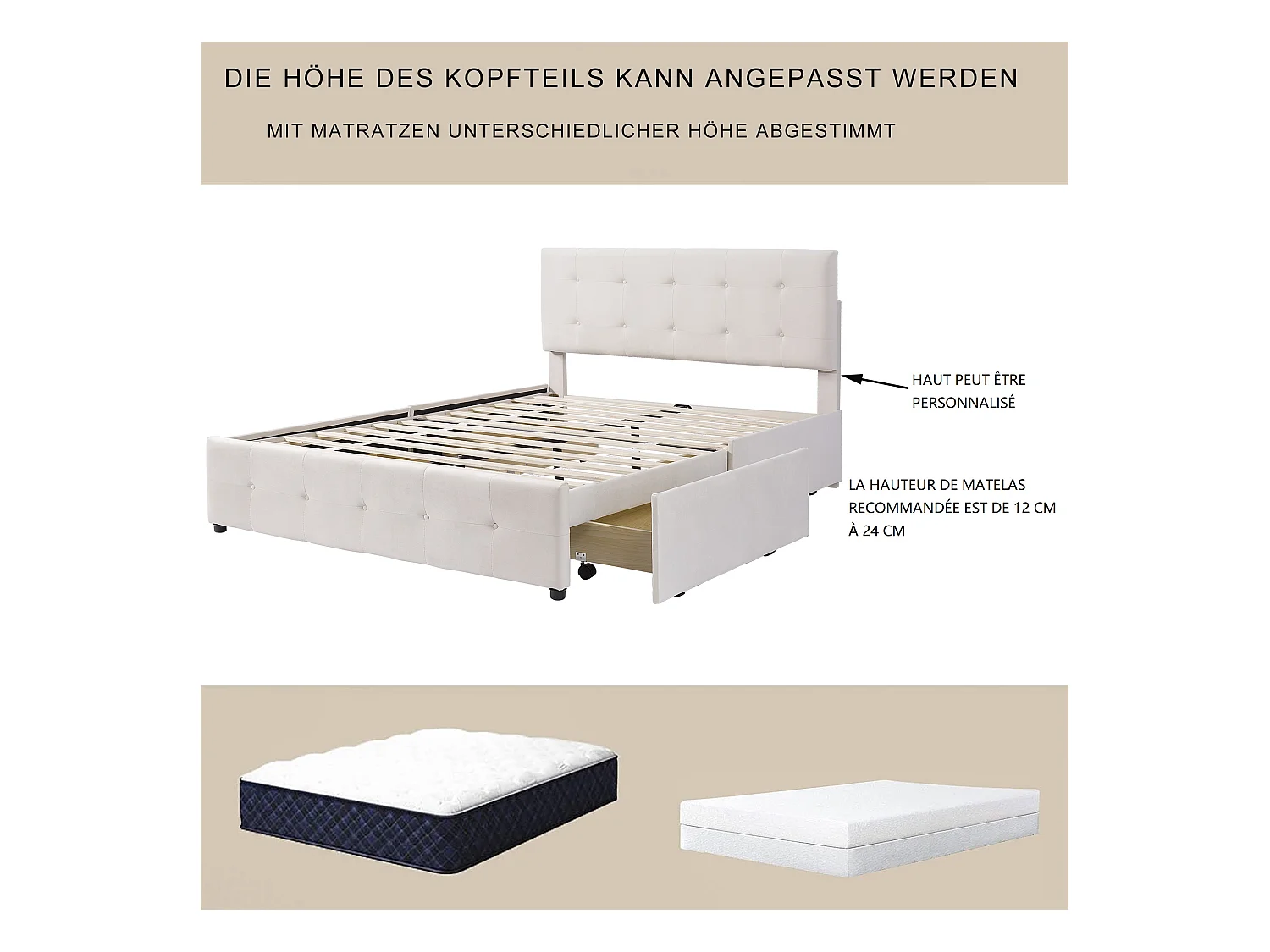 Lit avec tête de lit réglable et 4 tiroirs rangement - 140 x 200 cm - tissu en velours - sommier à lattes - beige