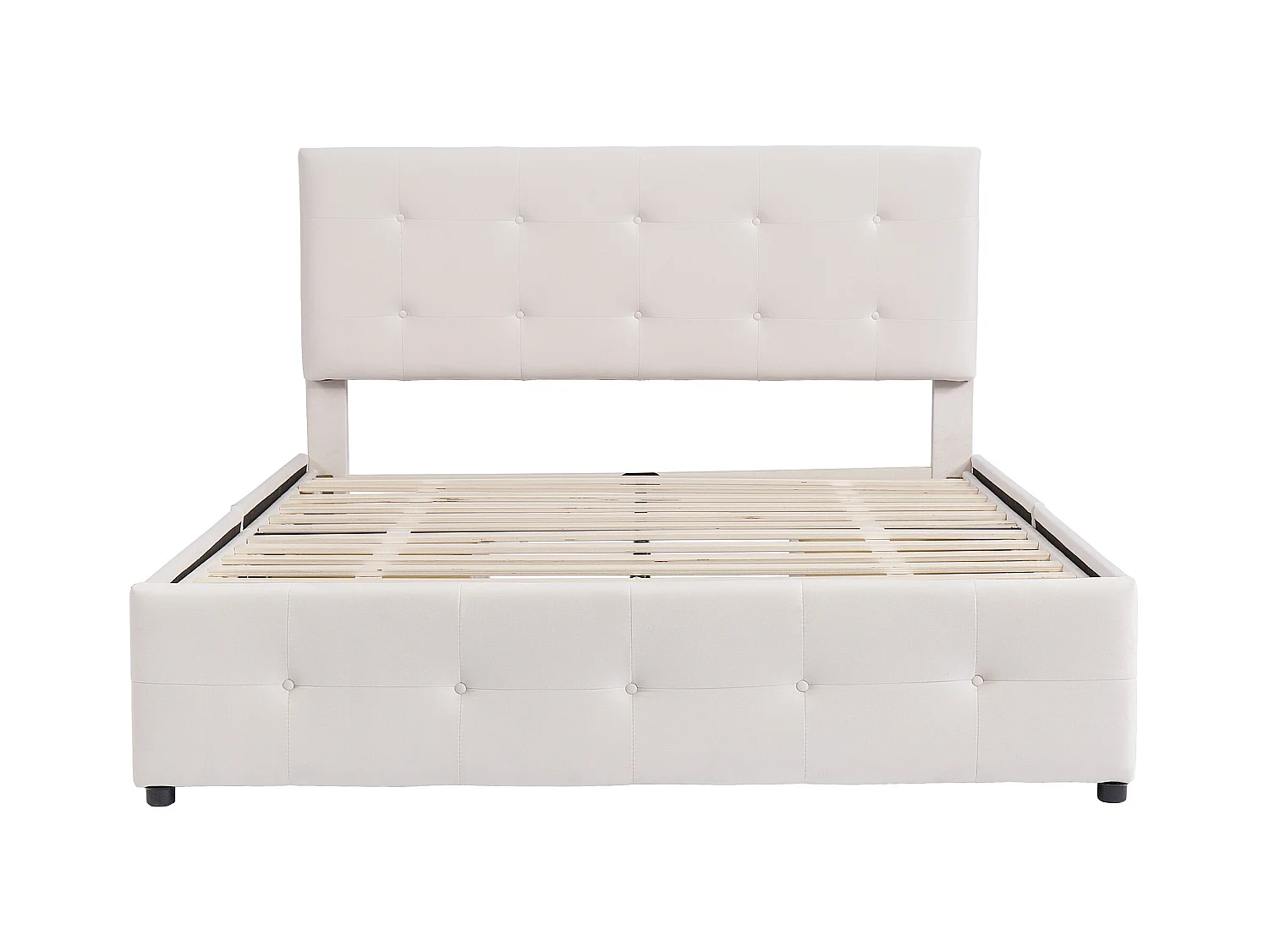 Lit avec tête de lit réglable et 4 tiroirs rangement - 140 x 200 cm - tissu en velours - sommier à lattes - beige