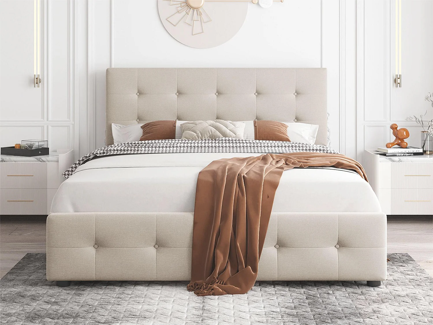 Lit avec tête de lit réglable et 4 tiroirs rangement - 140 x 200 cm - tissu en velours - sommier à lattes - beige