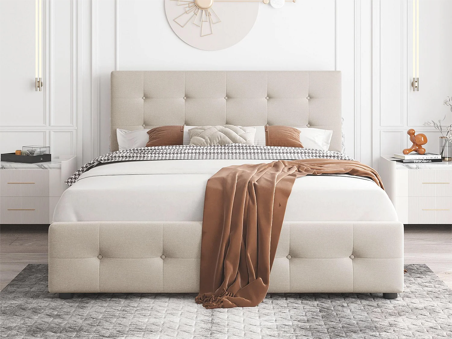 Lit avec tête de lit réglable et 4 tiroirs rangement - 140 x 200 cm - tissu en velours - sommier à lattes - beige