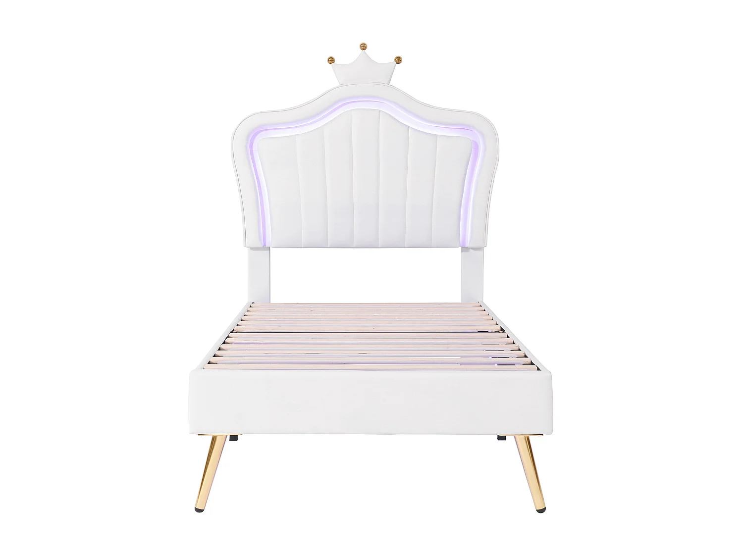 Bed met hoofdeinde 90 x 200 cm - imitatieleer - LED's - gouden metalen poten - voor kinderen - wit