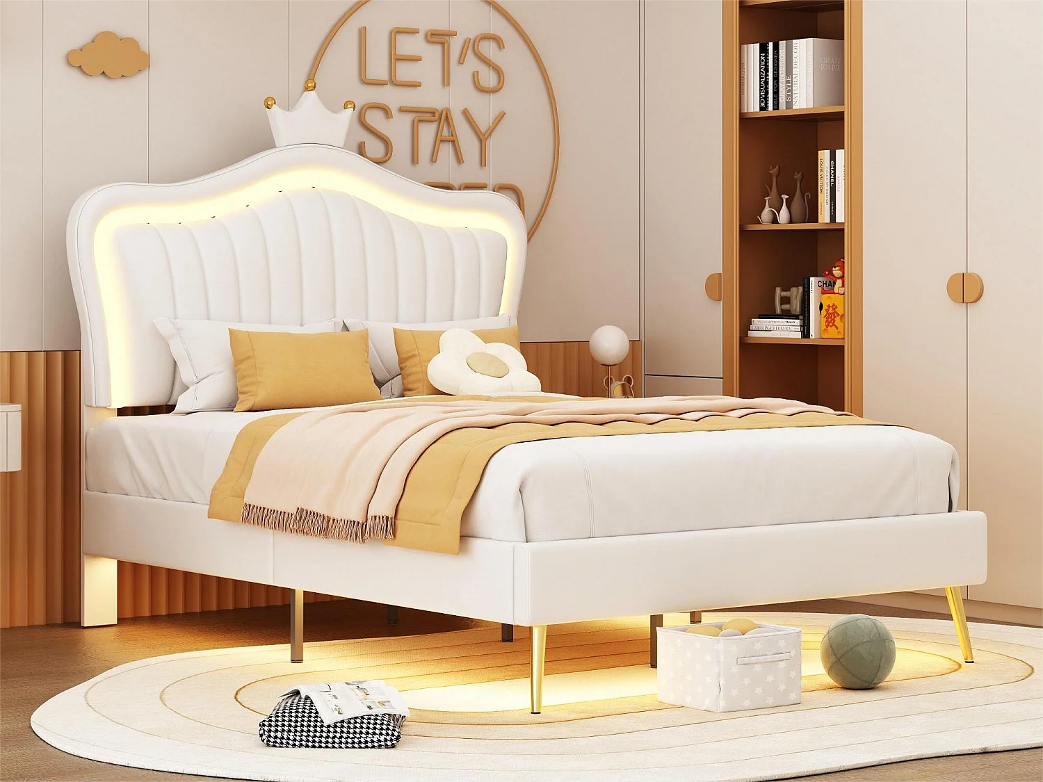 Bed met hoofdeinde 90 x 200 cm - imitatieleer - LED's - gouden metalen poten - voor kinderen - wit