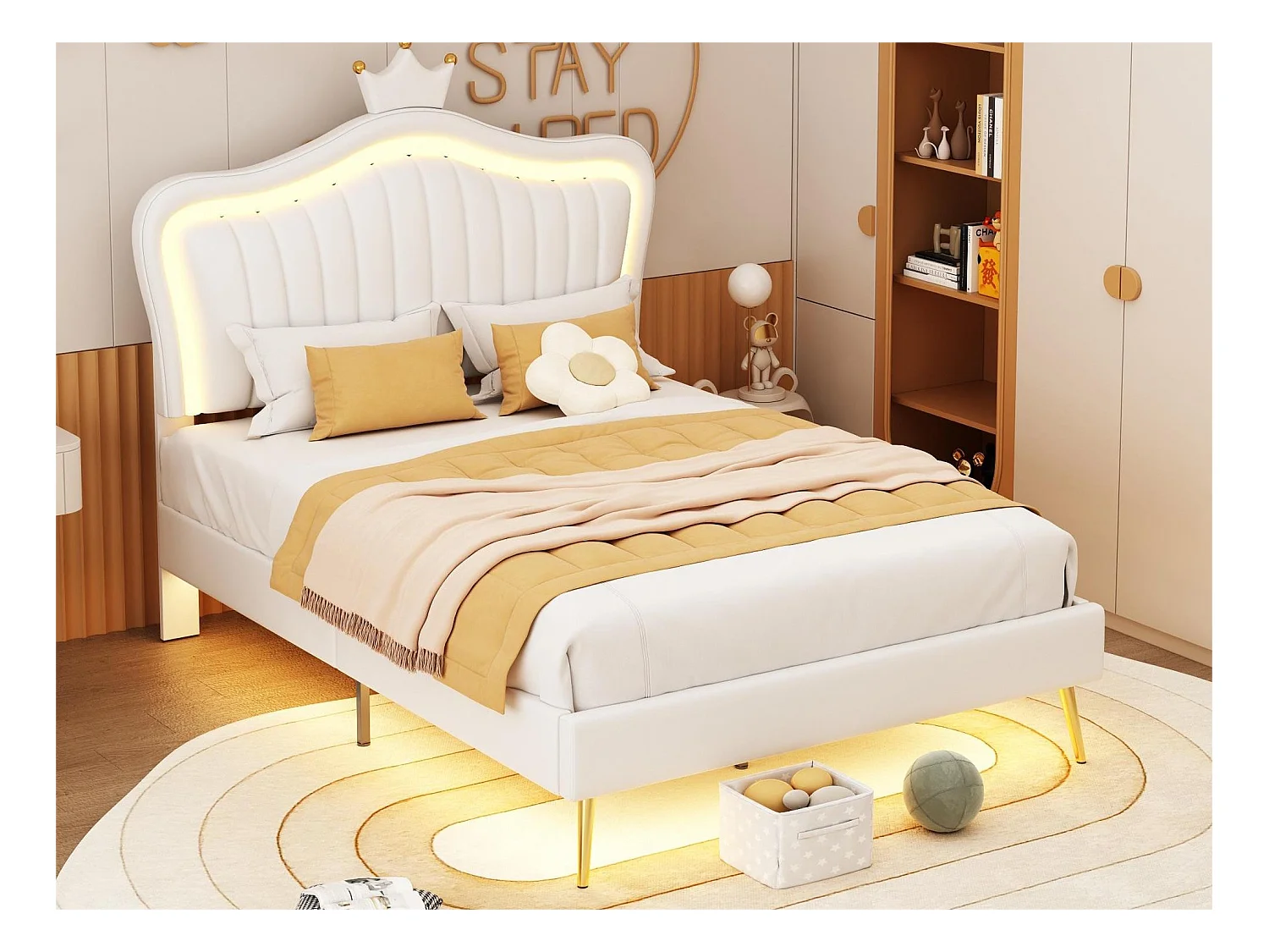 Lit avec tête de lit 90 x 200 cm - similicuir - LEDs - pièds métal doré - pour enfants - blanc