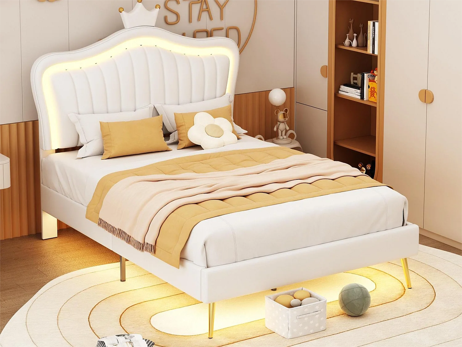 Bett mit Kopfteil 90 x 200 cm – Kunstleder – LEDs – goldene Metallbeine – für Kinder – weiß