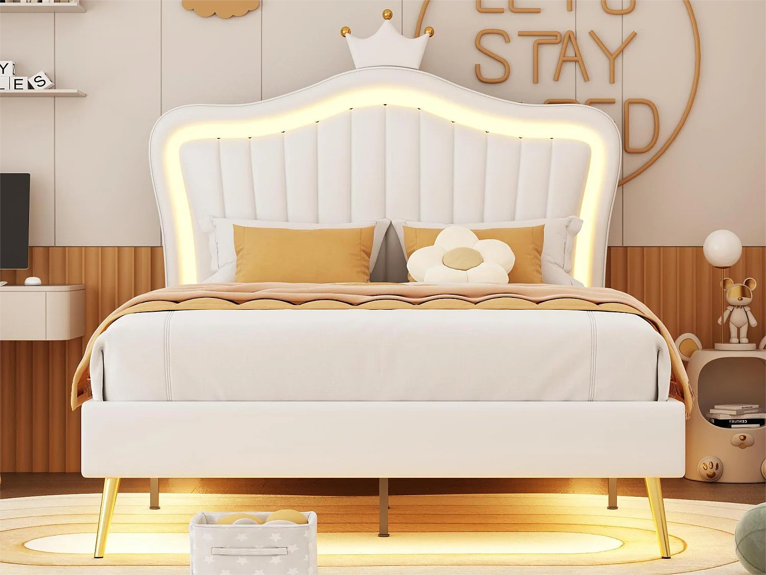 Bett mit Kopfteil 90 x 200 cm – Kunstleder – LEDs – goldene Metallbeine – für Kinder – weiß