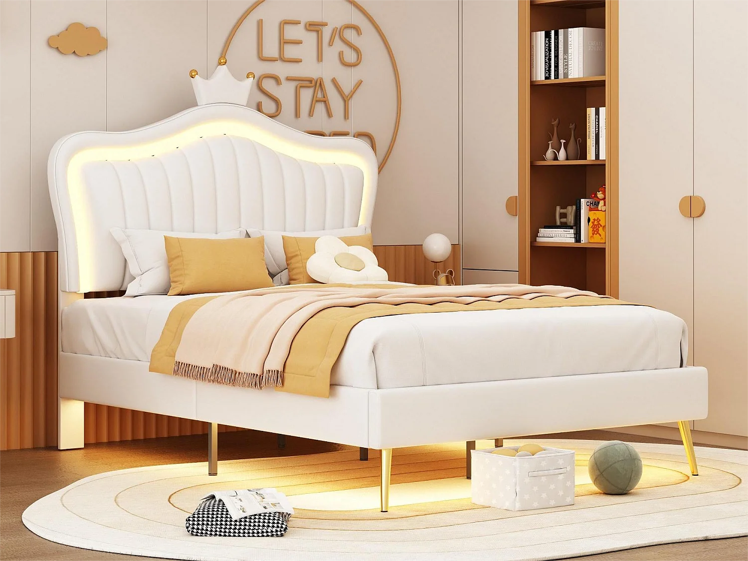 Bett mit Kopfteil 90 x 200 cm – Kunstleder – LEDs – goldene Metallbeine – für Kinder – weiß