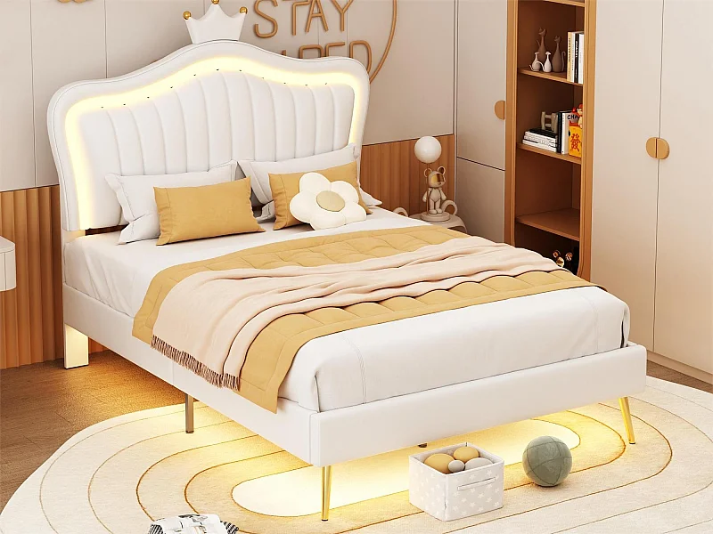 Letto con testiera 90 x 200 cm - similpelle - LED - gambe in metallo dorato - per bambini - bianco