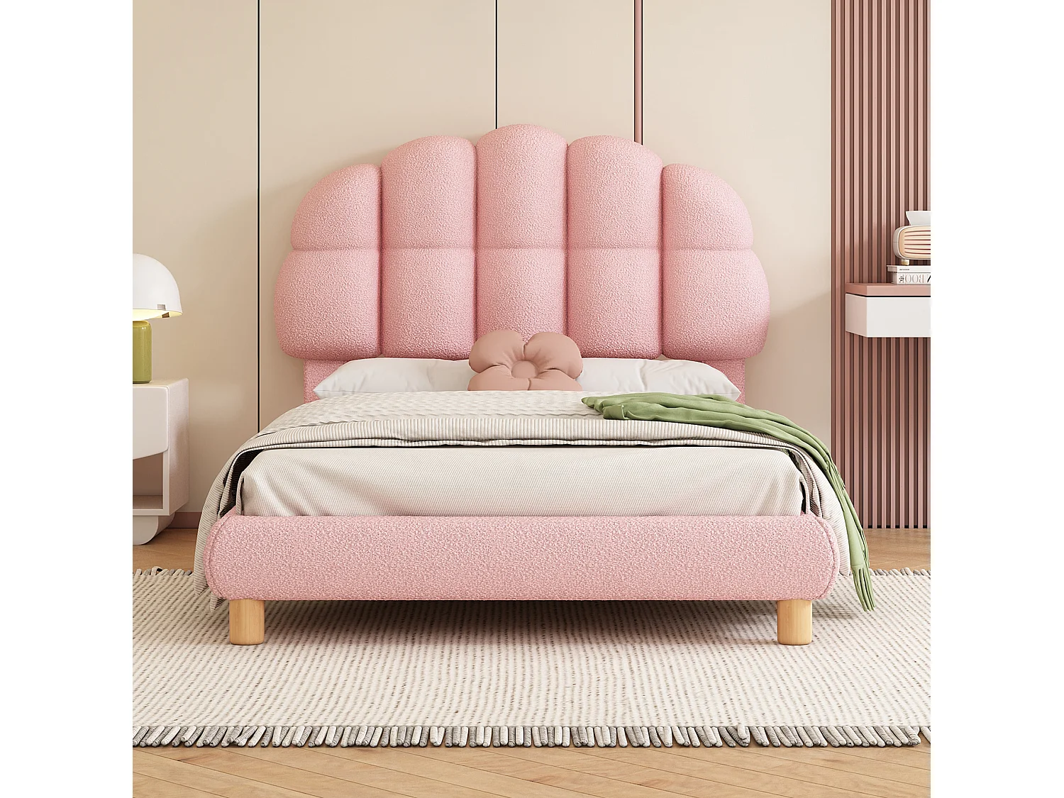 Lit capitonné avec tête de lit -  90 x 200 cm - tissu bouclette et bois MDF - sommier à lattes - rose