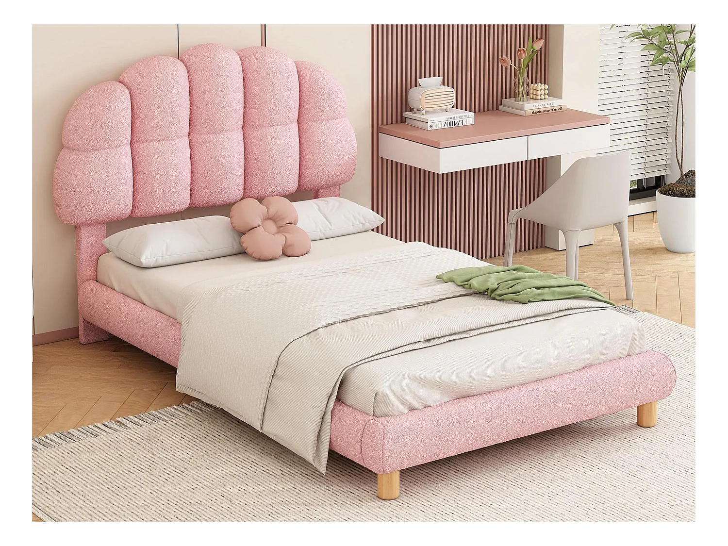 Lit capitonné avec tête de lit -  90 x 200 cm - tissu bouclette et bois MDF - sommier à lattes - rose