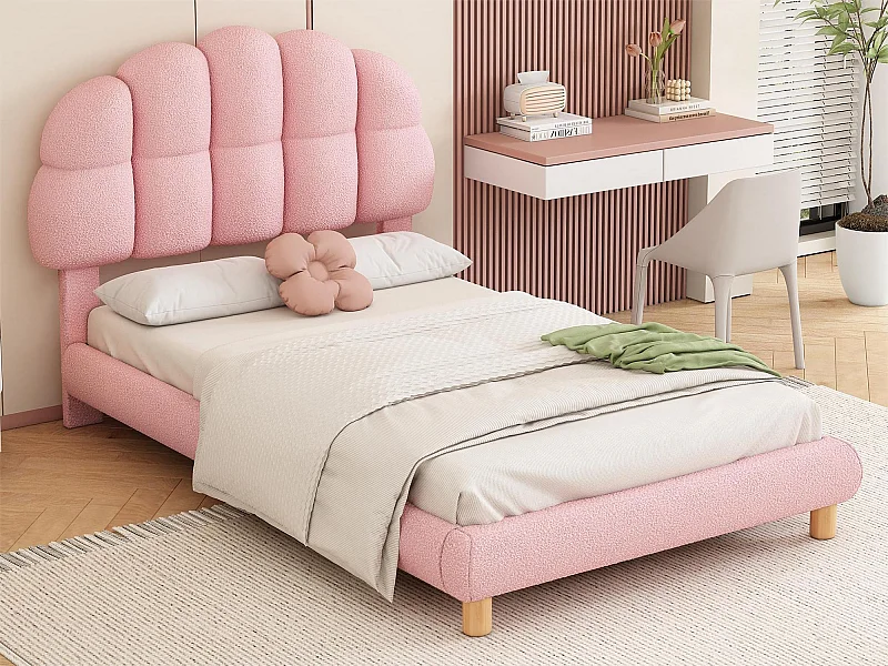 Gestoffeerd bed met hoofdeinde - 90 x 200 cm - French Terry stof en MDF hout - lattenbodem - roze
