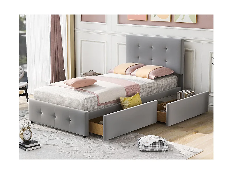 Polsterbett 90 x 200 cm mit 2 Schubladen – Samt – inklusive Lattenrost – Grau
