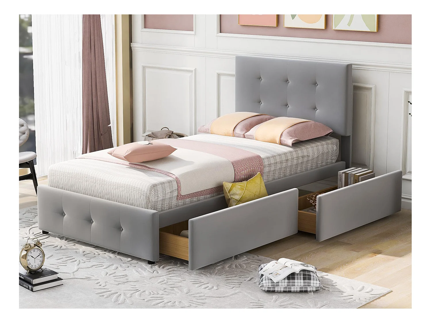 Lit capitonné 90 x 200 cm avec 2 tiroirs - Velours - Sommier à lattes inclus - Gris