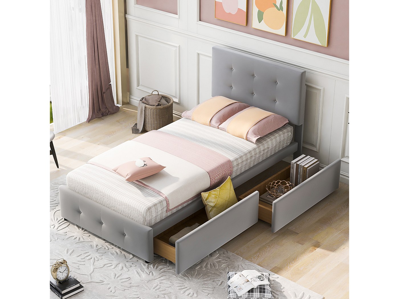 Lettino Imbottito A Forma Di Coniglio 90x200 Cm Con Letto Estraibile, Cassetti E Luci LED – Grigio