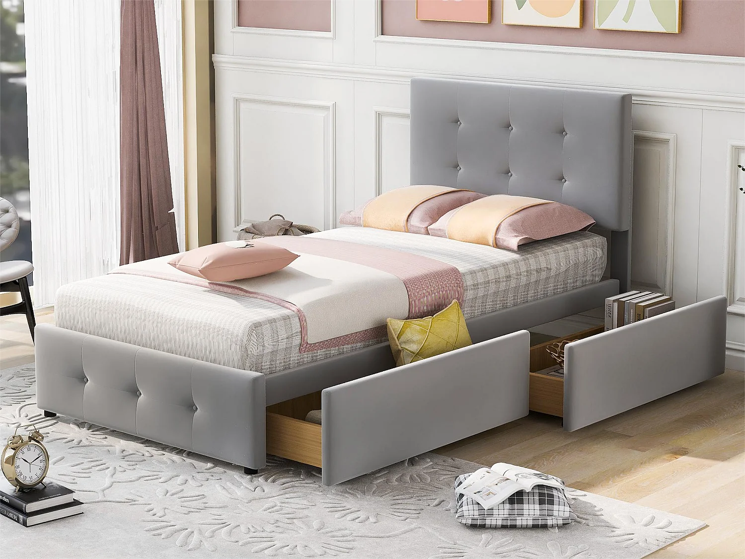 Łóżko tapicerowane 90 x 200 cm z 2 szufladami - Aksamit - Stelaż listwowy w zestawie - Szare