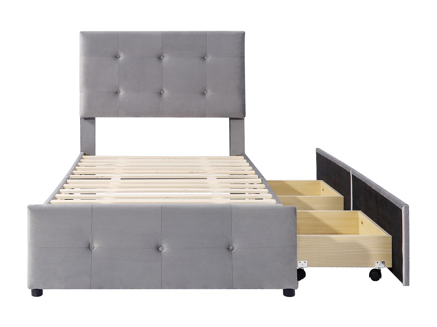 Łóżko tapicerowane 90 x 200 cm z 2 szufladami - Aksamit - Stelaż listwowy w zestawie - Szare