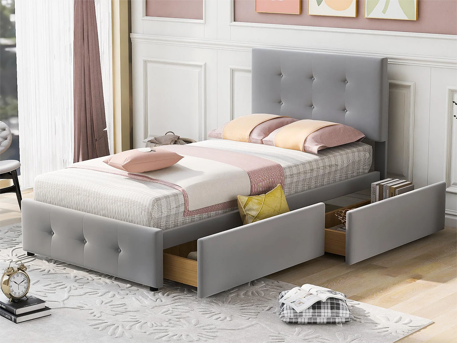 Gestoffeerd bed 90 x 200 cm met 2 lades - Fluweel - Inclusief lattenbodem - Grijs