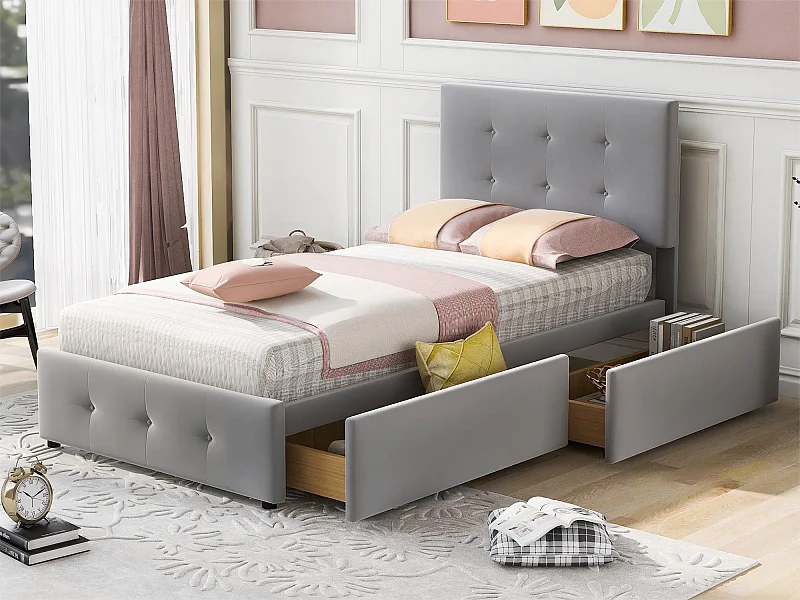 Lit capitonné 90 x 200 cm avec 2 tiroirs - Velours - Sommier à lattes inclus - Gris