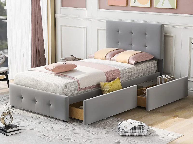 Letto imbottito 90 x 200 cm con 2 cassetti - Velluto - Rete a doghe inclusa - Grigio