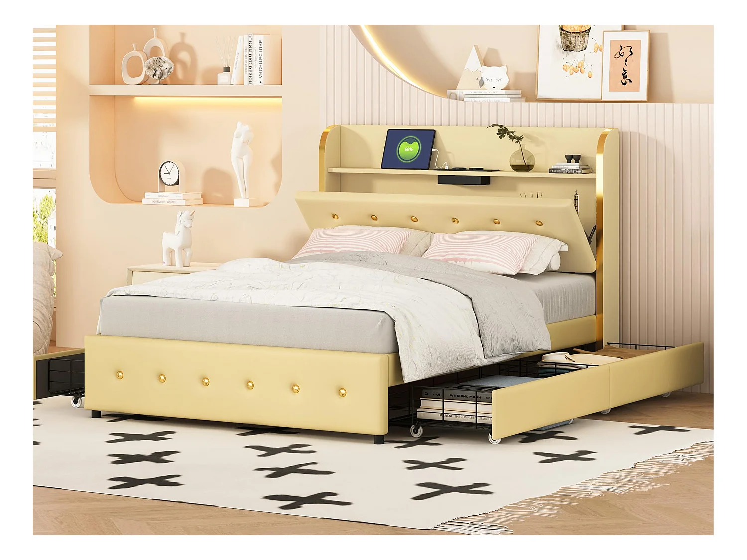 Lit capitonné avec rangement de tête de lit - 140 x 200 cm - similicuir - prise USB - pièds métalliques - beige