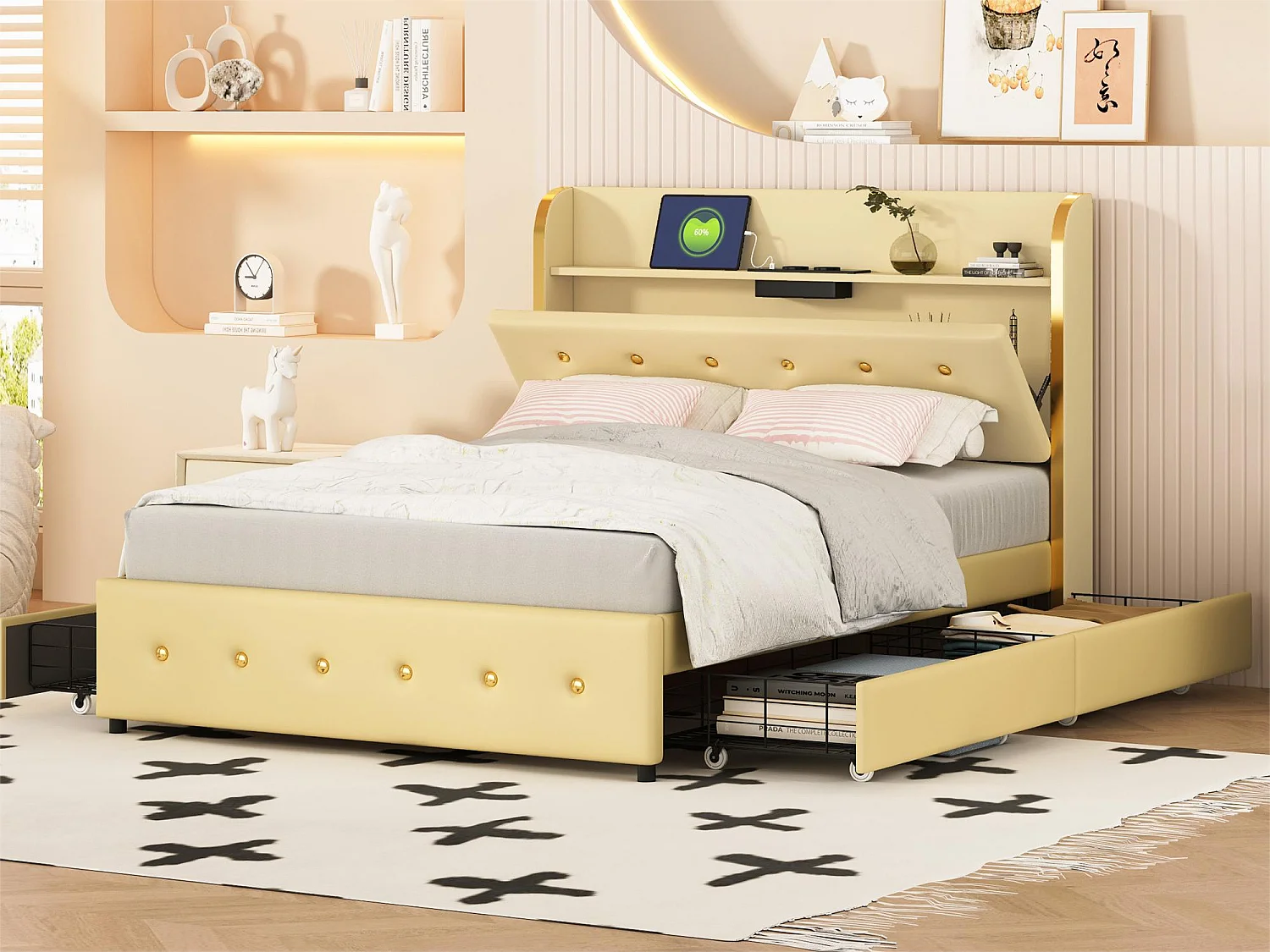 Lit capitonné avec rangement de tête de lit - 140 x 200 cm - similicuir - prise USB - pièds métalliques - beige