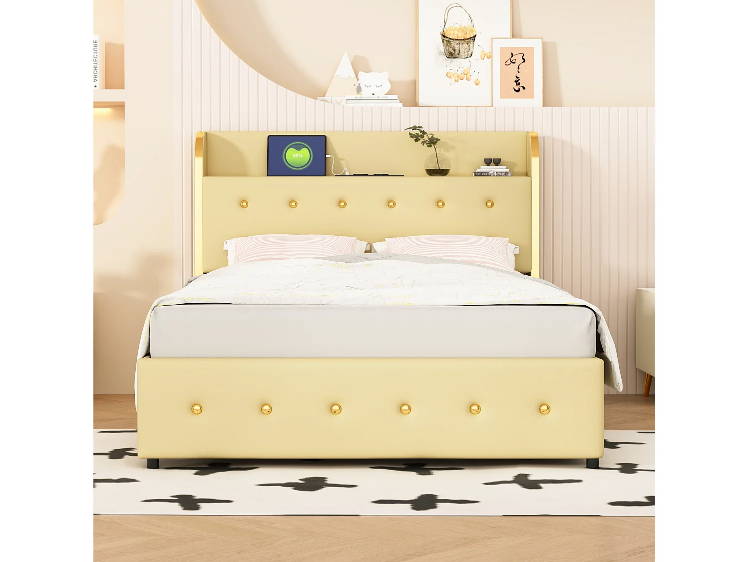 Lit capitonné avec rangement de tête de lit - 140 x 200 cm - similicuir - prise USB - pièds métalliques - beige