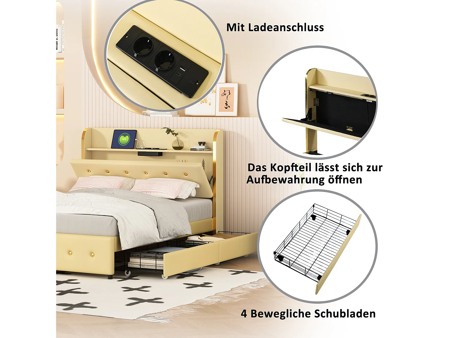 Lit capitonné avec rangement de tête de lit - 140 x 200 cm - similicuir - prise USB - pièds métalliques - beige