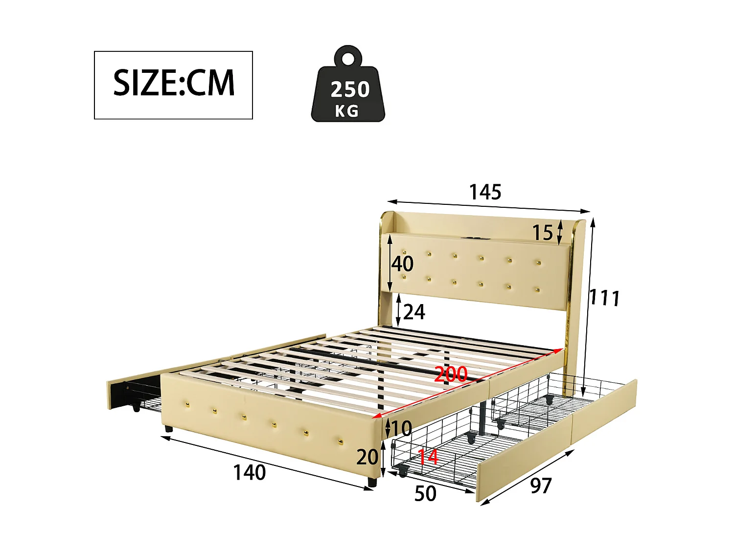 Lit capitonné avec rangement de tête de lit - 140 x 200 cm - similicuir - prise USB - pièds métalliques - beige
