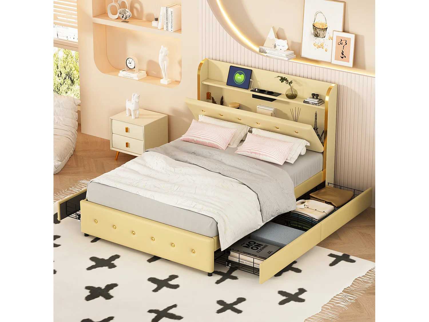 Lit capitonné avec rangement de tête de lit - 140 x 200 cm - similicuir - prise USB - pièds métalliques - beige