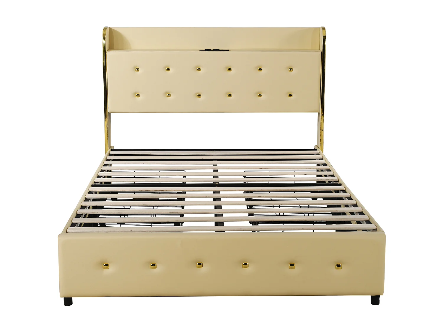 Lit capitonné avec rangement de tête de lit - 140 x 200 cm - similicuir - prise USB - pièds métalliques - beige