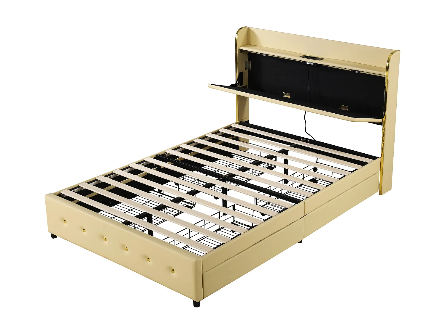 Lit capitonné avec rangement de tête de lit - 140 x 200 cm - similicuir - prise USB - pièds métalliques - beige