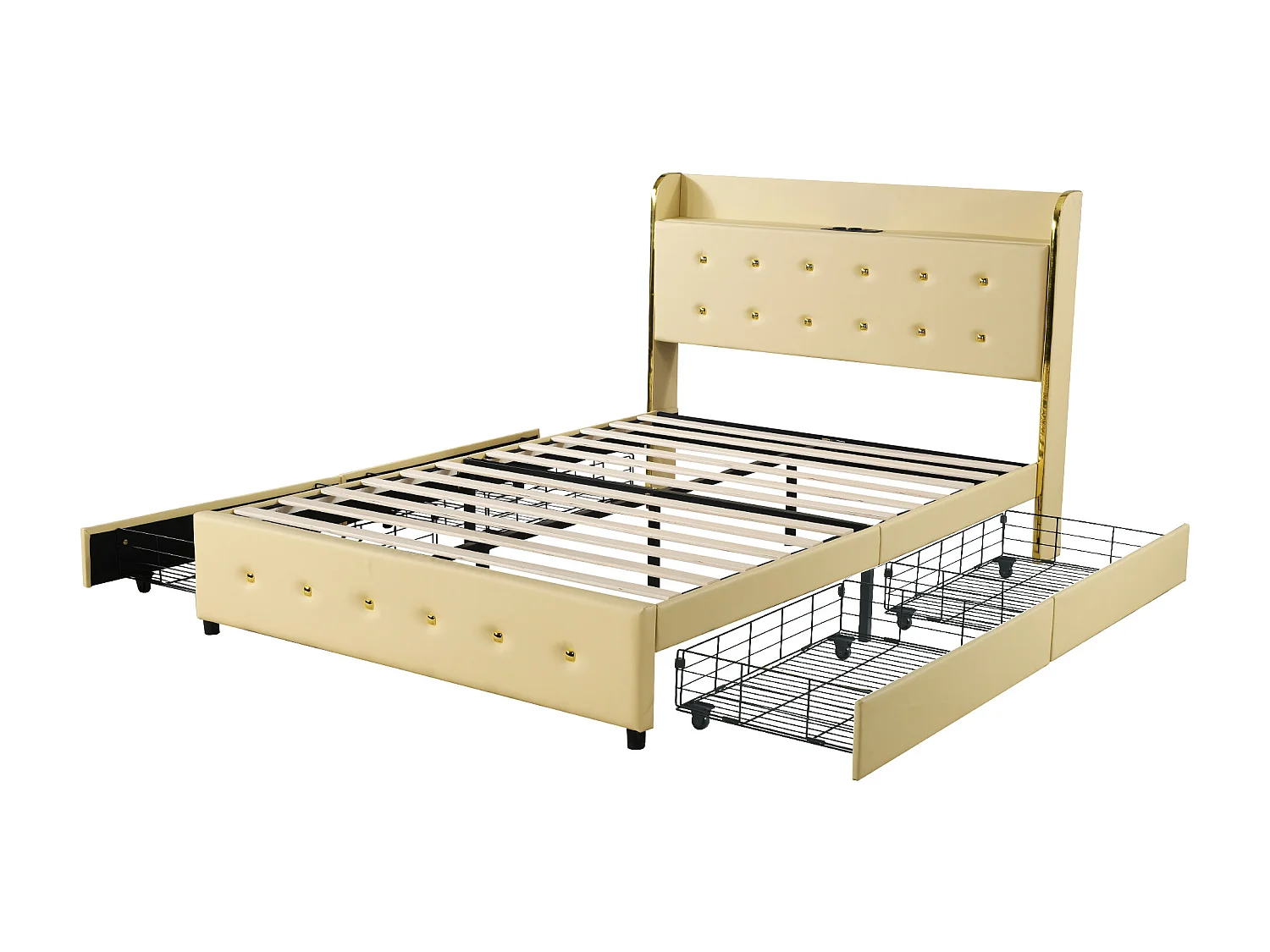 Lit capitonné avec rangement de tête de lit - 140 x 200 cm - similicuir - prise USB - pièds métalliques - beige