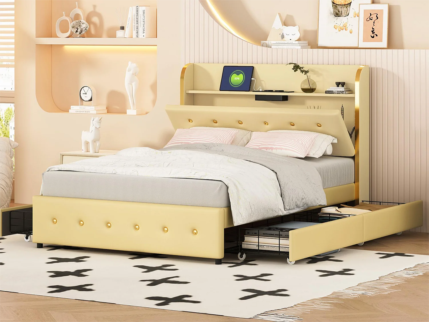 Lit capitonné avec rangement de tête de lit - 140 x 200 cm - similicuir - prise USB - pièds métalliques - beige