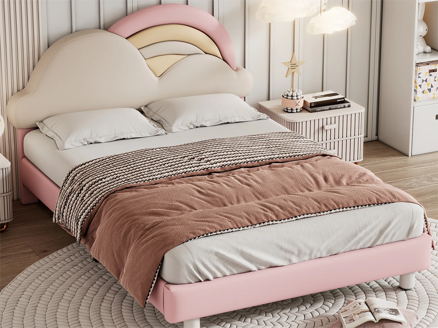 Lit adulte avec tête de lit en forme de nuage - 140 x 200 cm - similicuir - sommier à lattes en bois - rose