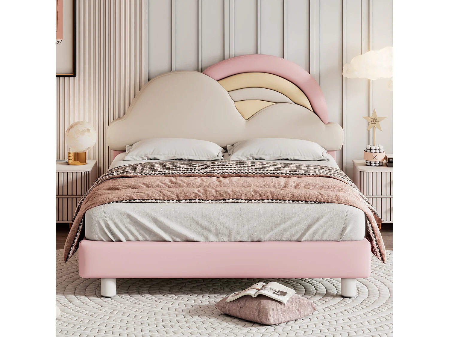 Lit adulte avec tête de lit en forme de nuage - 140 x 200 cm - similicuir - sommier à lattes en bois - rose