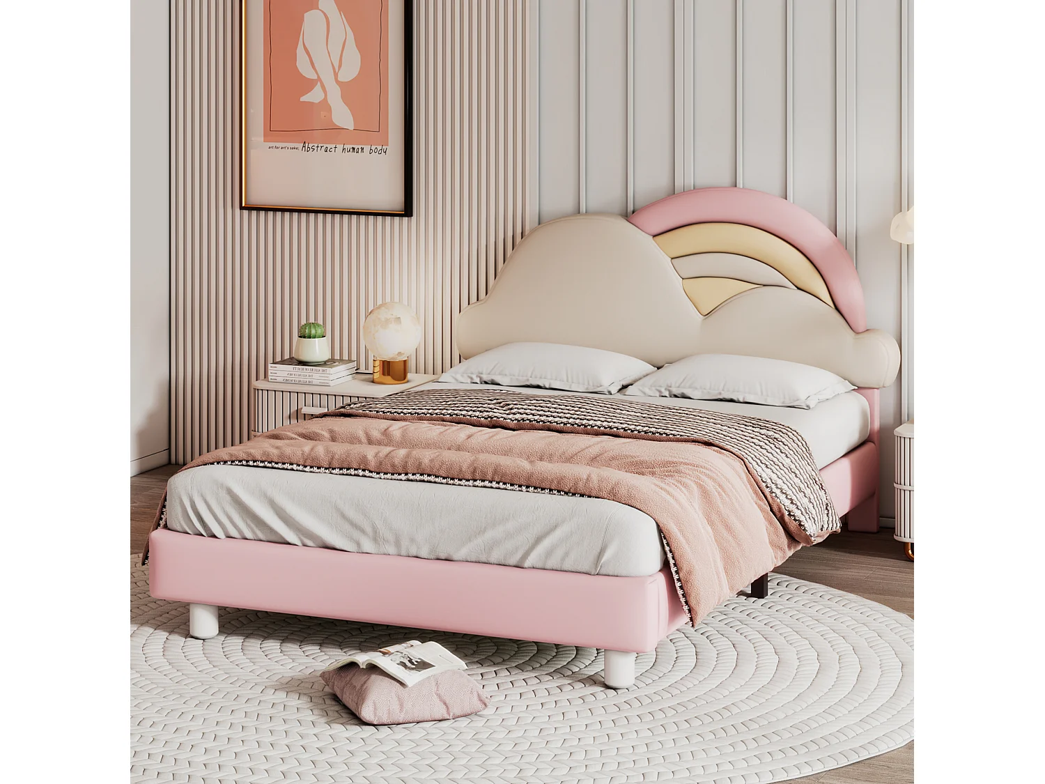 Lit adulte avec tête de lit en forme de nuage - 140 x 200 cm - similicuir - sommier à lattes en bois - rose