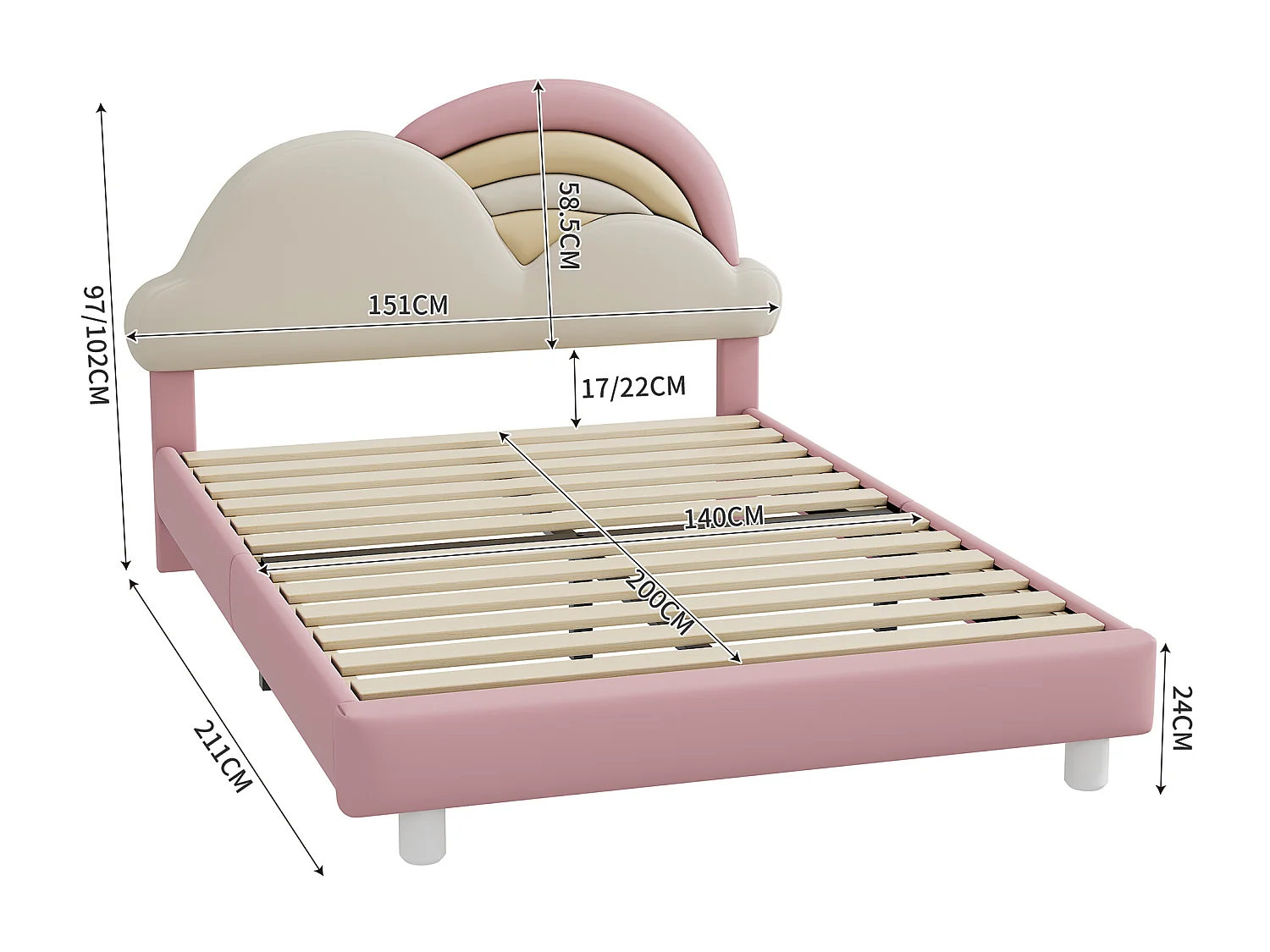 Lit adulte avec tête de lit en forme de nuage - 140 x 200 cm - similicuir - sommier à lattes en bois - rose