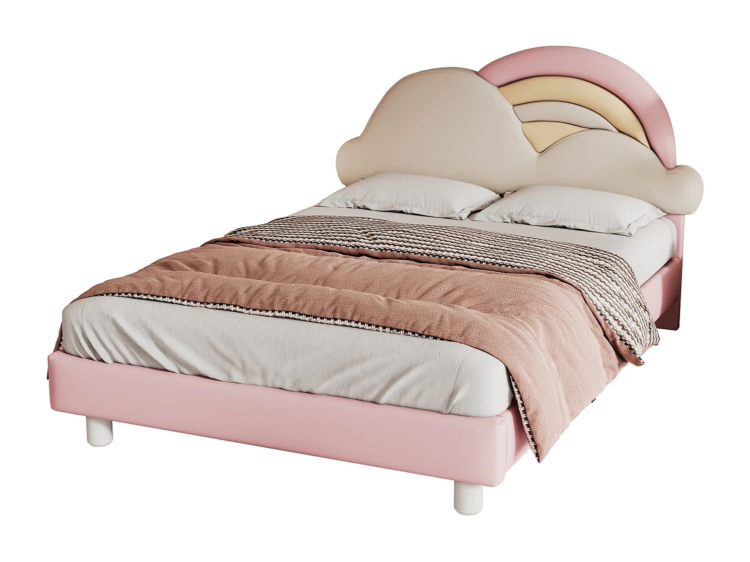 Lit adulte avec tête de lit en forme de nuage - 140 x 200 cm - similicuir - sommier à lattes en bois - rose