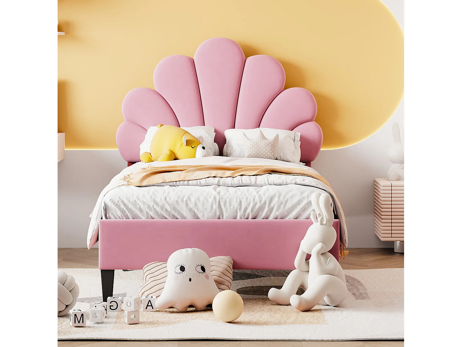 Muschelbett mit Kopfteil 90 x 200 cm in Samt, inklusive Lattenrost, rosa