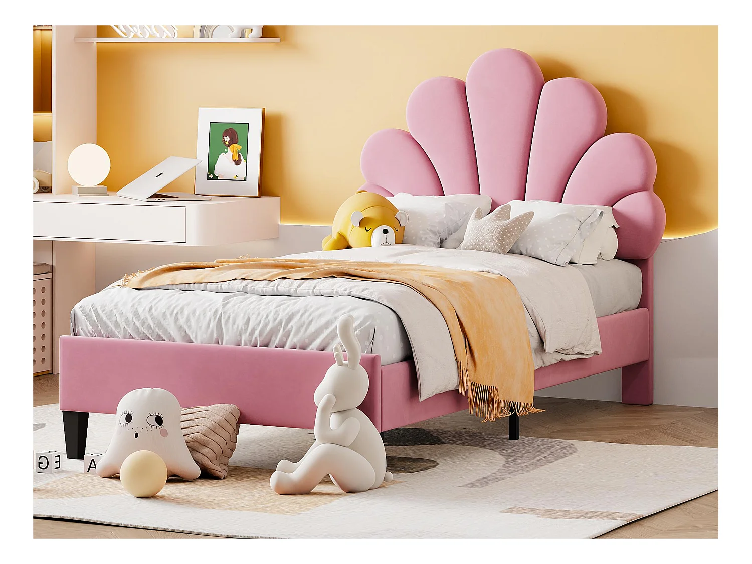 Lit coquillage avec tête de lit 90 x 200 cm en velours, sommier à lattes inclus, rose