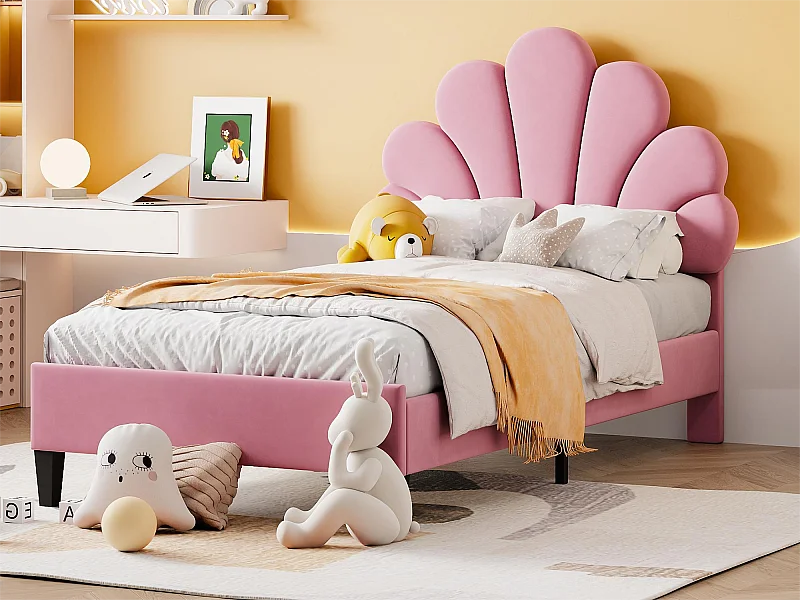 Letto a conchiglia con testiera in velluto 90 x 200 cm, rete a doghe inclusa, rosa