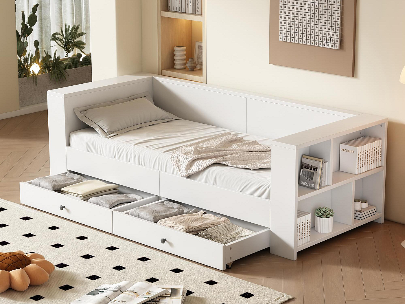 Lit Enfant 90x200 Cm Avec Rangements - Tiroirs, étagères Et Armoire - Blanc - Sans Matelas